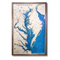 Framed wooden map of Chesapeake Bay with frame and bright blue water details.
