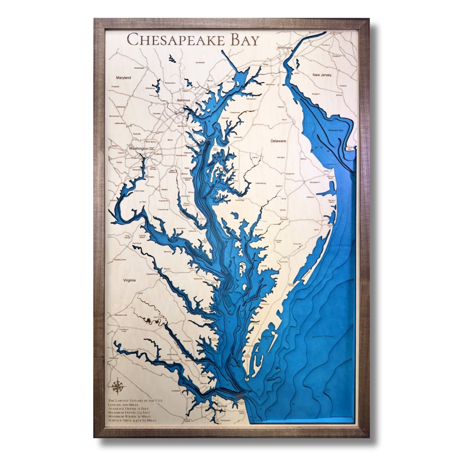 Framed wooden map of Chesapeake Bay with frame and bright blue water details.