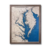 Engraved water layer map of Chesapeake Bay on a white background. 