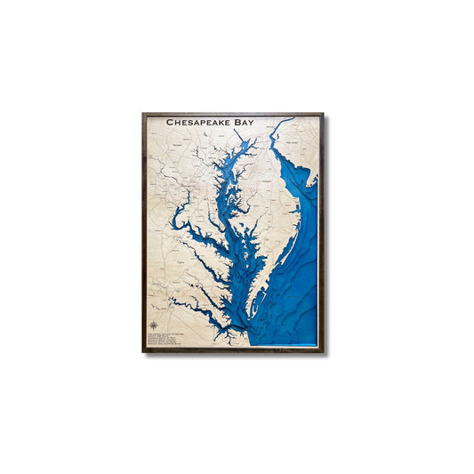 Wooden multilayer map of Chesapeake Bay with a walnut brown frame. 