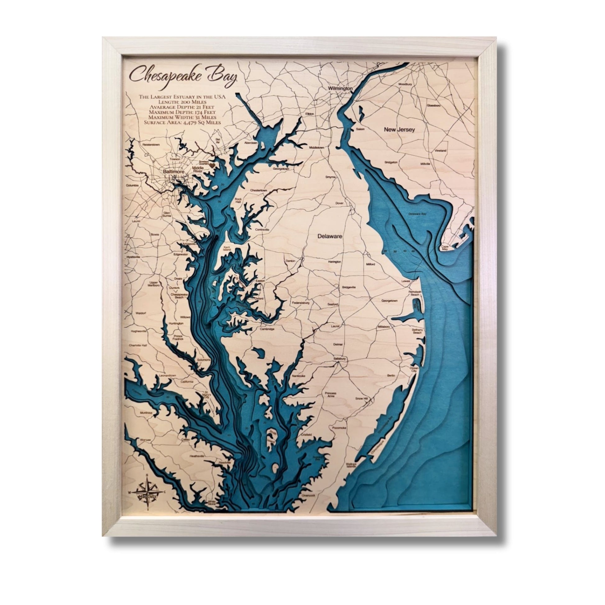 Small multi water layer map of Chesapeake Bay with a natural wood frame. 