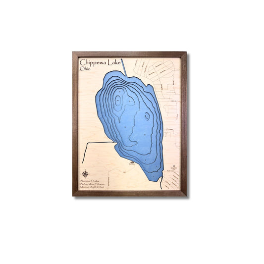 Framed wooden multilayer map of Chippewa Lake, Ohio with a brown wooden frame.