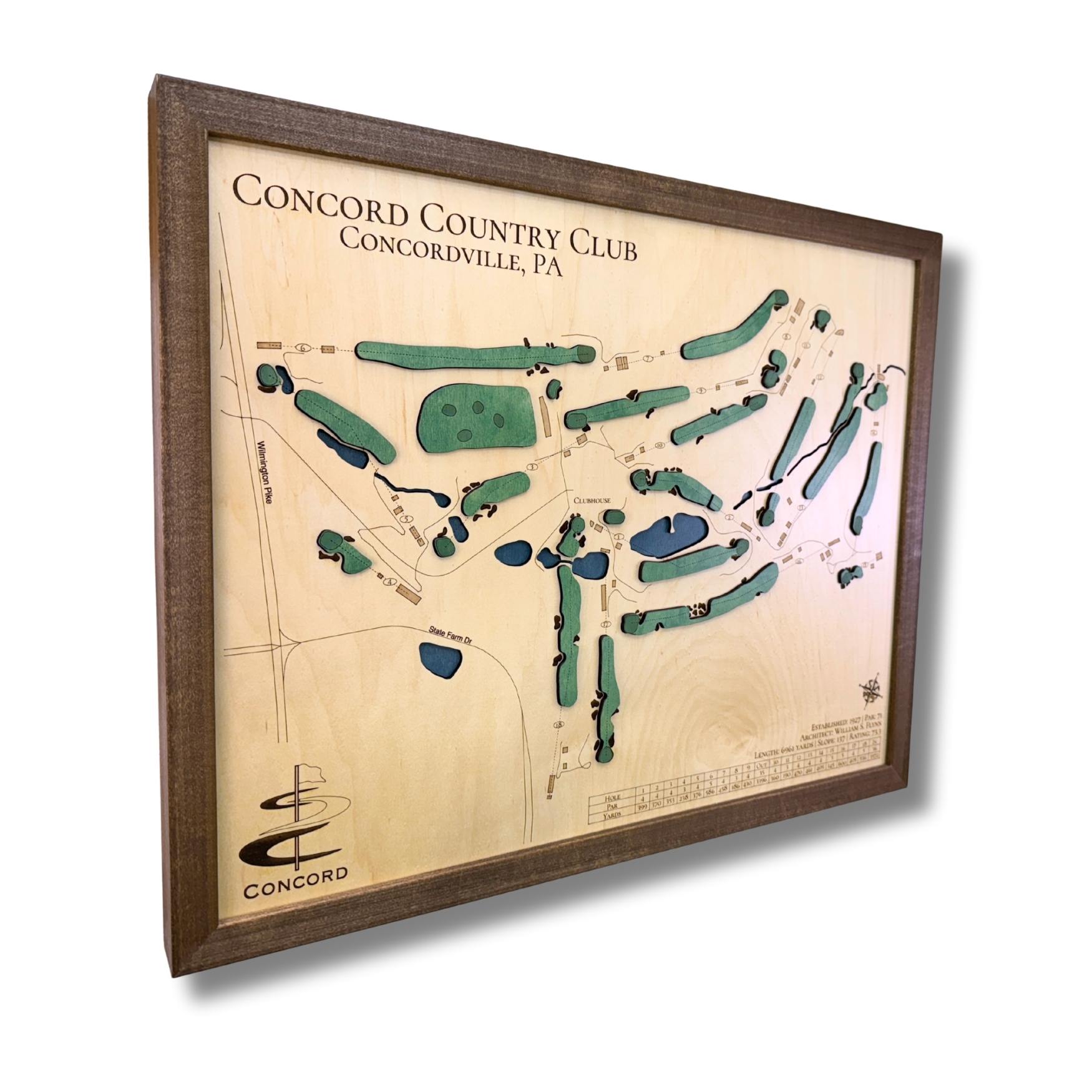 Sideview of 3D wooden Concord Country Club wooden golf map.