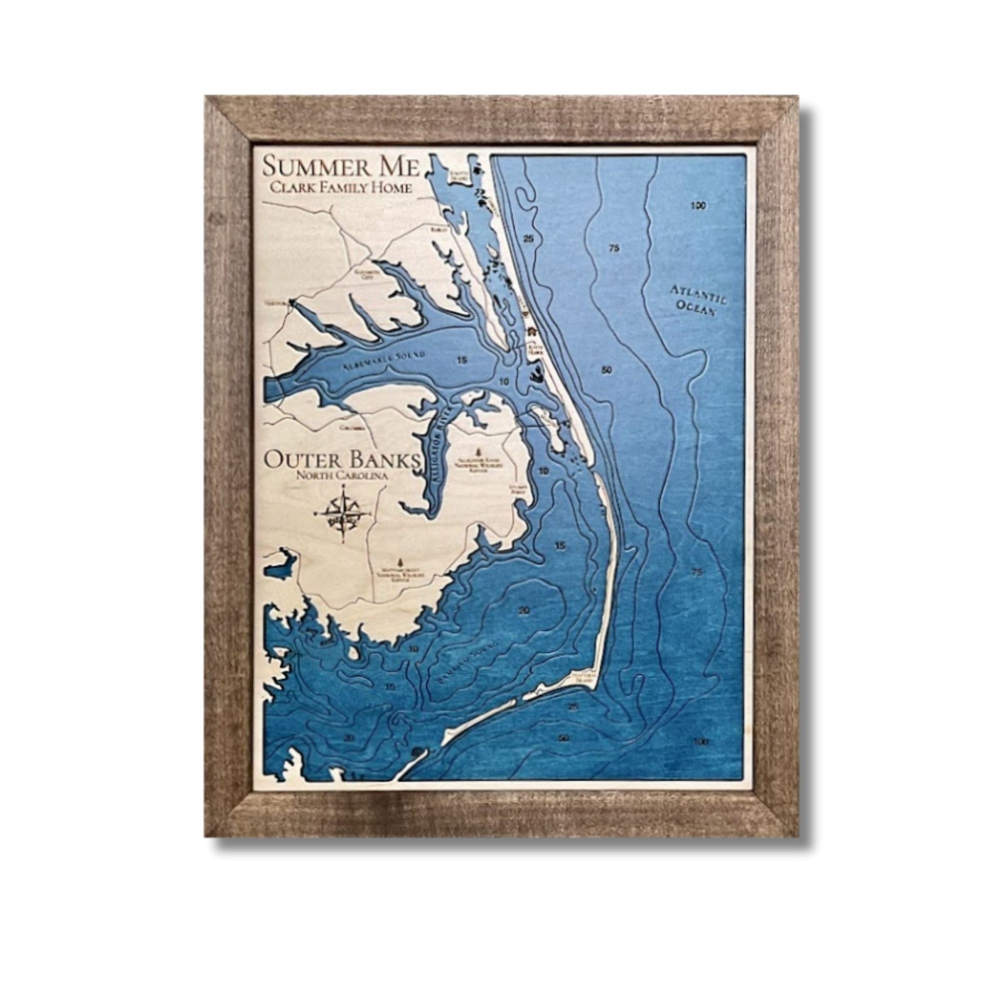 Outer Banks, North Carolina, coastline map with engraved water layers. 