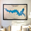 Hanging framed custom map of Wilson Lake with multi cut water layers, blue stain, and a personalized title. 