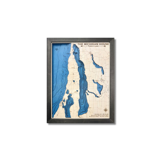 Framed 3D wooden map of Torch Lake with deep blue water layers.