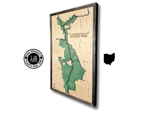 Wooden map of Cuyahoga Valley National Park. Park area is raised and stained green. 