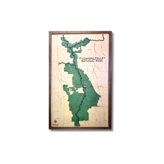Map of Cuyahoga Valley National Park with wooden frame on a white background