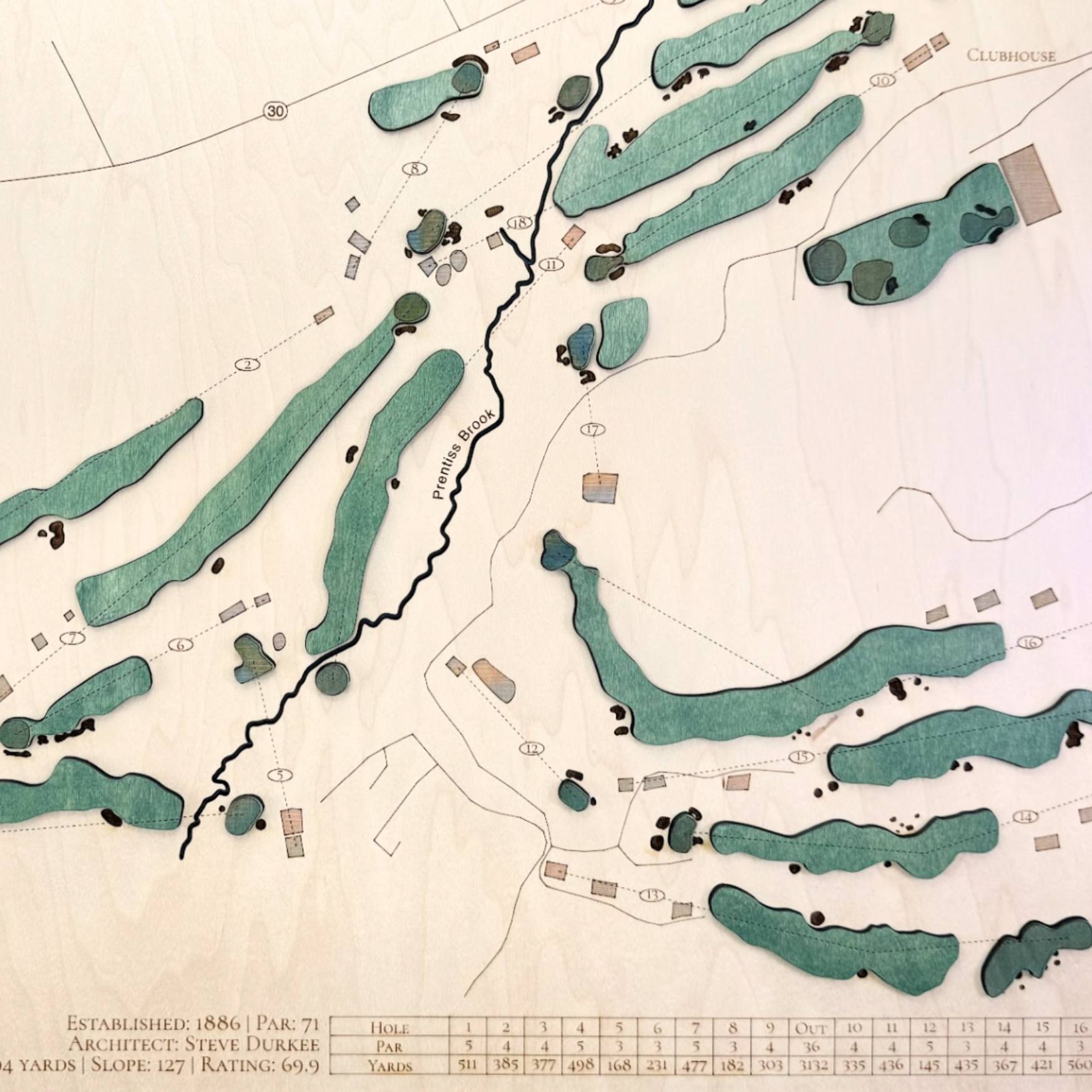 Close up of wooden golf course map with green fairways, blue water hazards, and engraved text. 