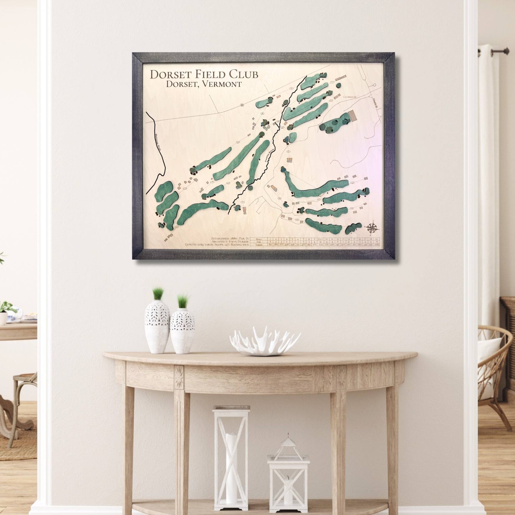 Framed wooden map of Dorset Field Club on a wall above a wooden table.