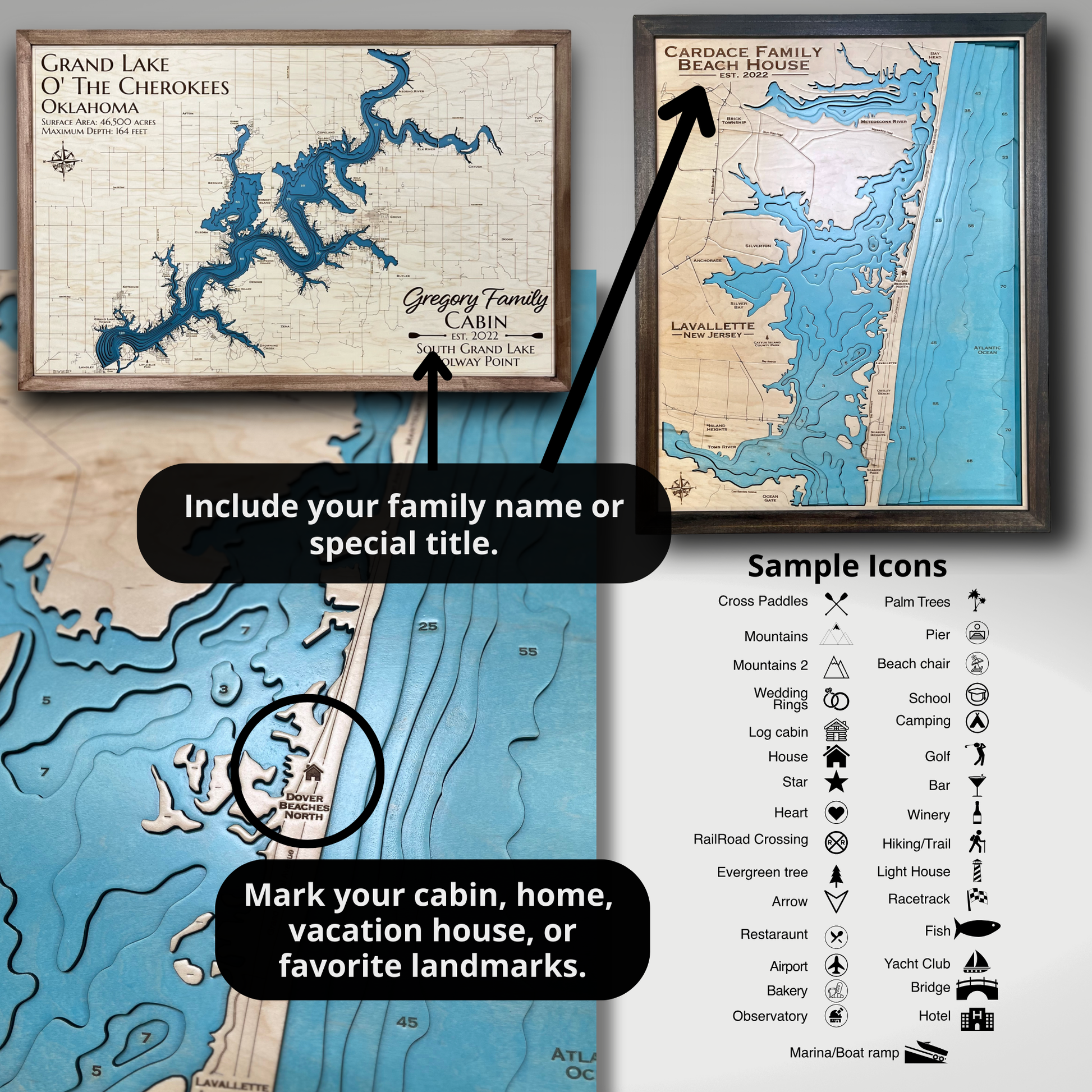 Examples of icons and map titles on a custom 3D wooden map. 