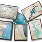 Examples of a wooden lake map, park map, golf course map, national parks travel map, coastline map, and island map.