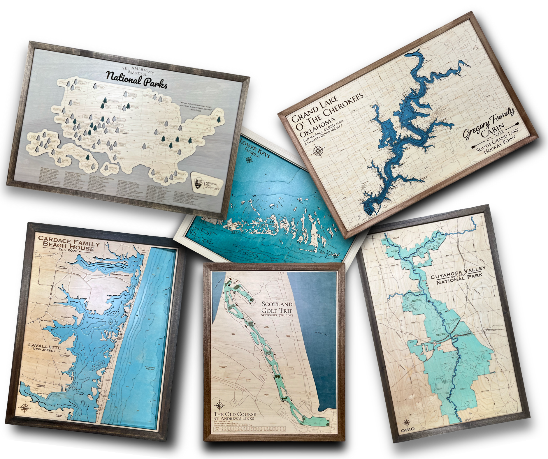 Examples of a wooden lake map, park map, golf course map, national parks travel map, coastline map, and island map.