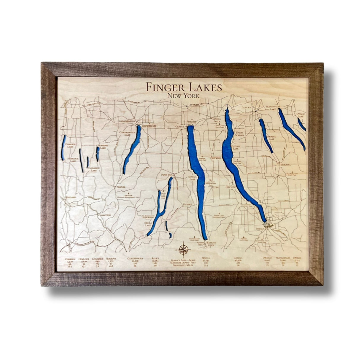 Single water layer map of the Finger Lakes with a walnut brown frame. 