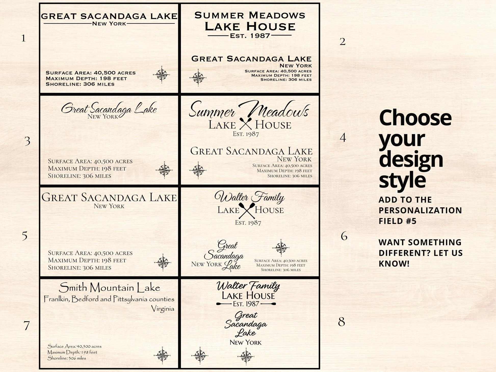 Font and design style choices for engraved front on custom wooden maps. 