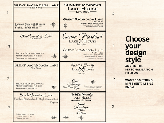 Font and design style choices for engraved front on custom wooden maps. 