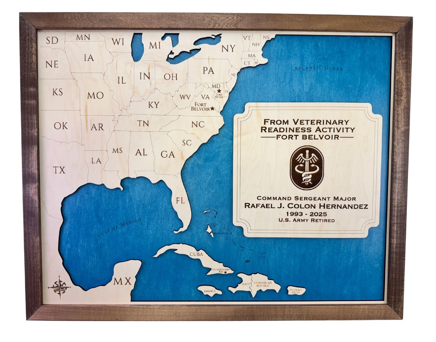 Custom military map marking where Fort Belvoir is located in the United States. Map includes a customized nameplate.