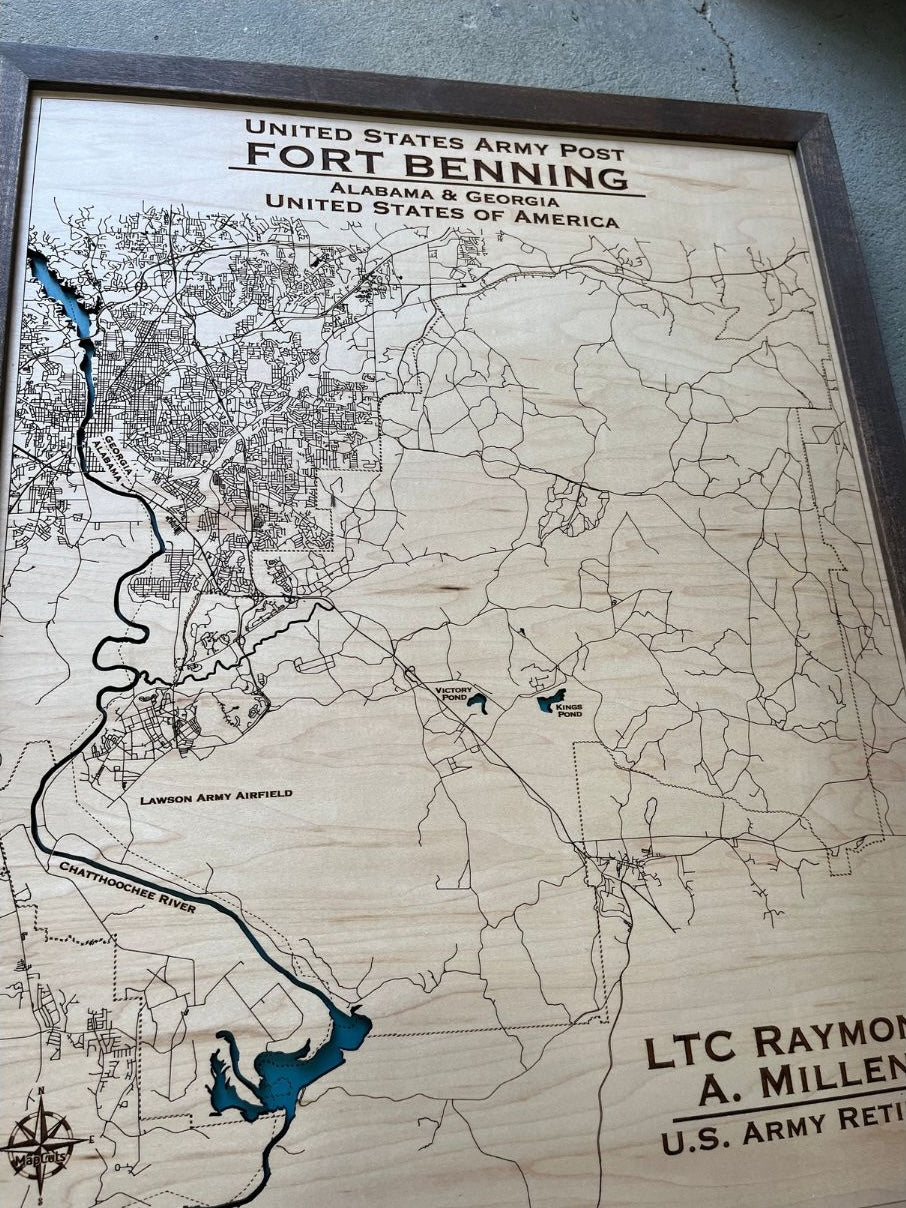 Close up image of wooden Military Map so you can see the details better. 