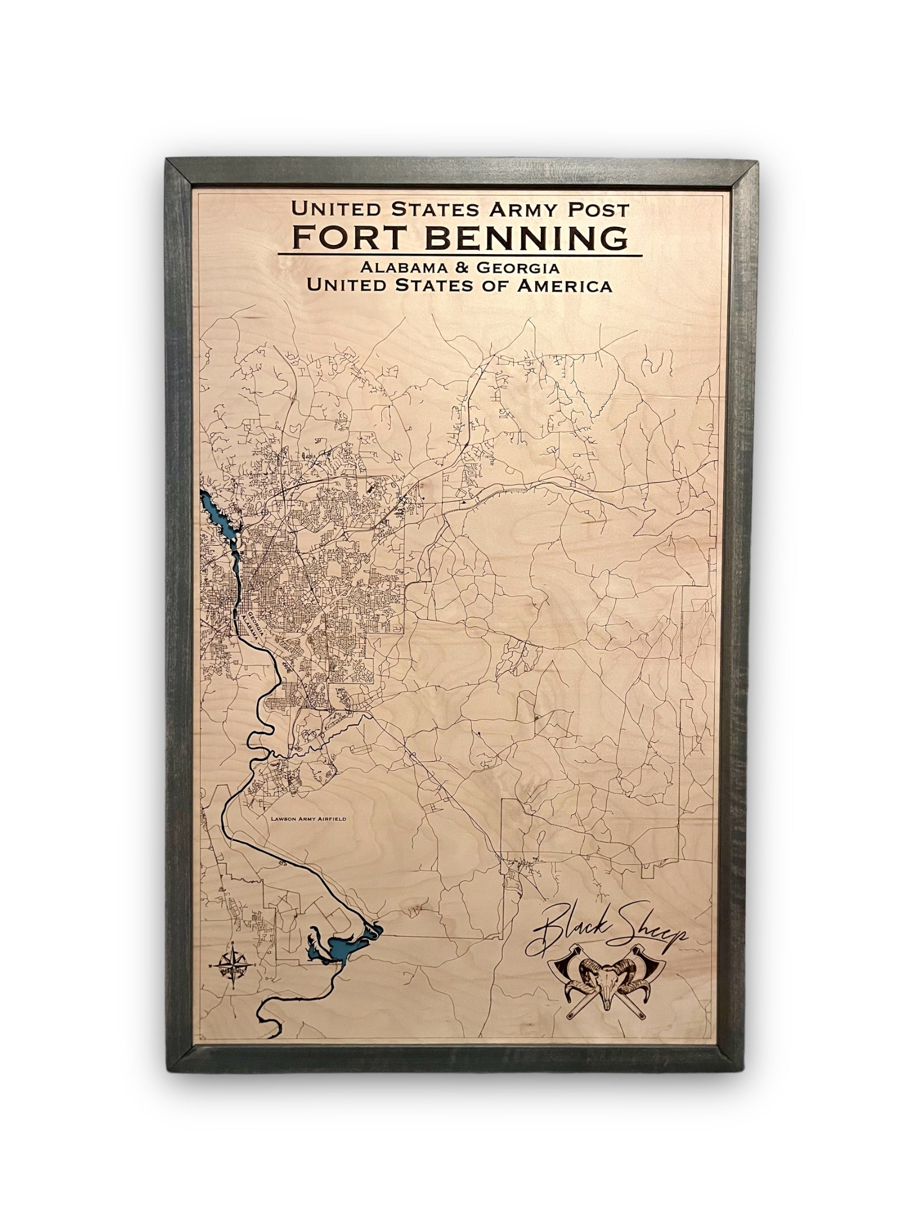 Large custom wooden military map of Fort Benning on a plain white background.