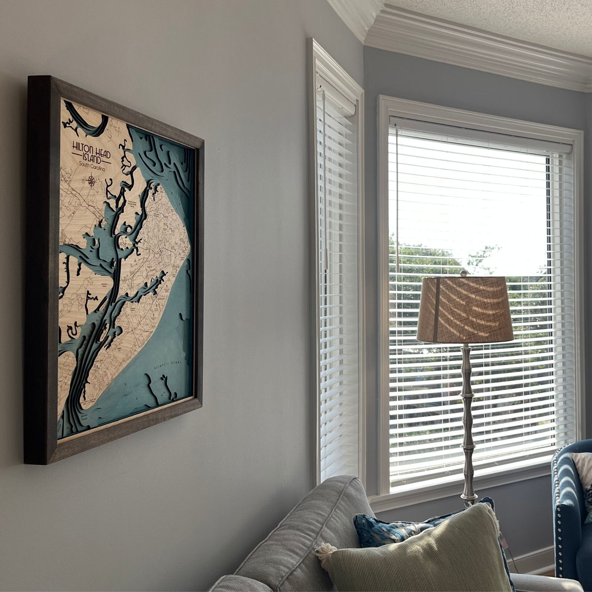 Side view of Hilton Head Island map hanging on the wall.