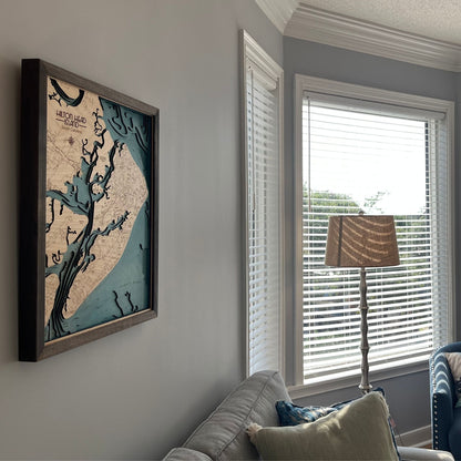 Side view of Hilton Head Island map hanging on the wall.