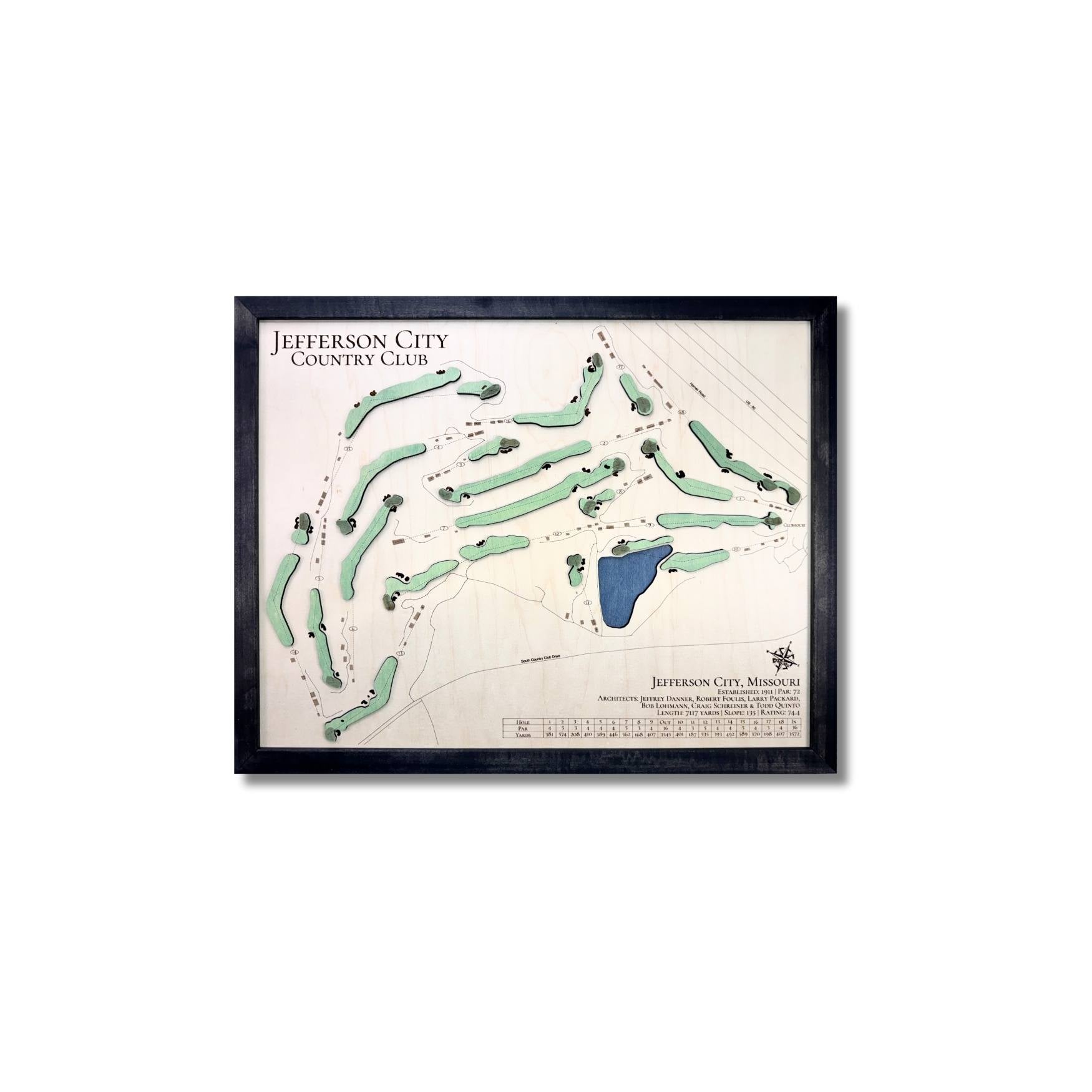 Framed wooden map of Jefferson City Country Club in Missouri on a white background.