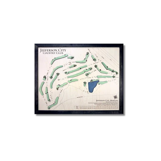 Framed wooden map of Jefferson City Country Club in Missouri on a white background.