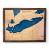 Dark blue water stain on Lake Erie map. 