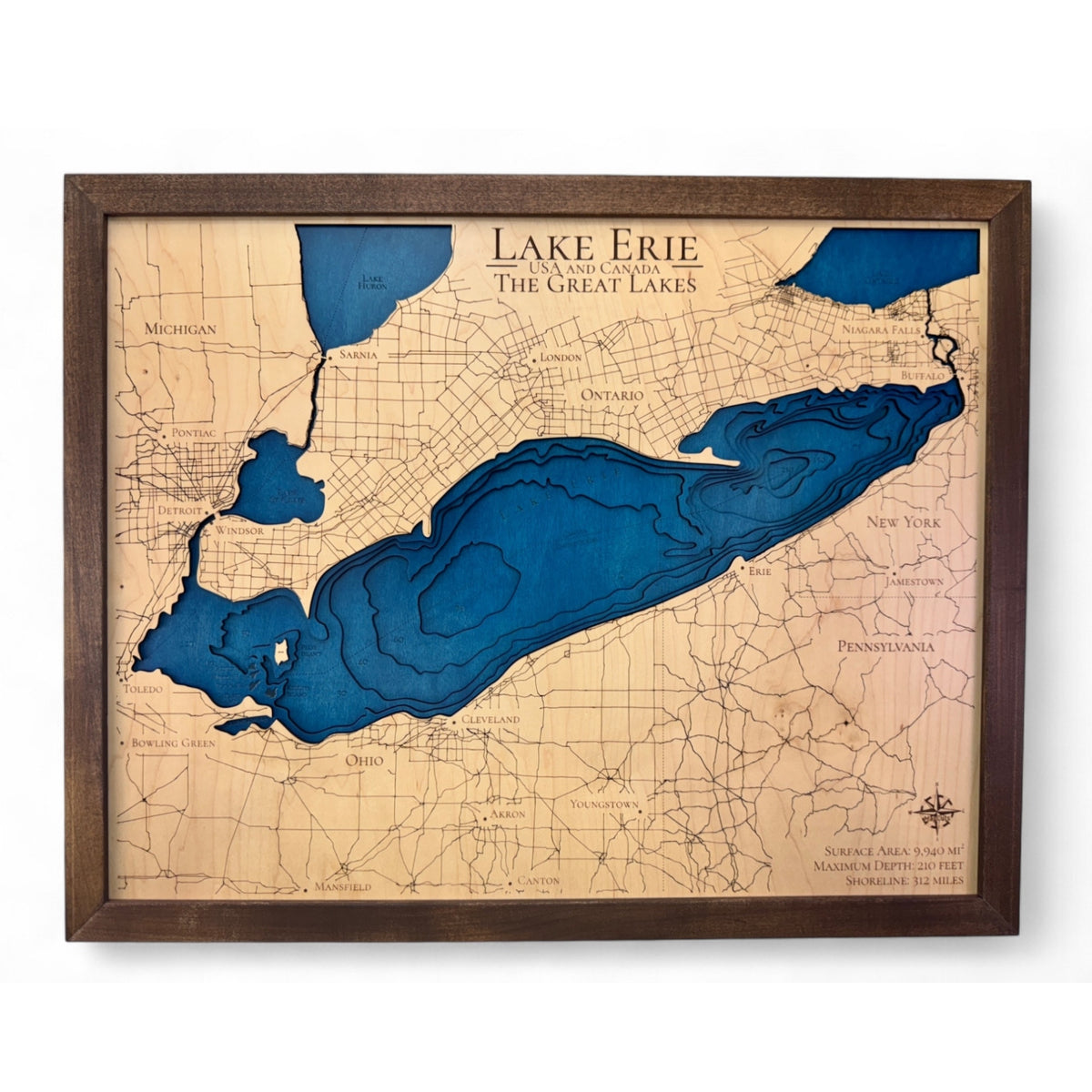 Dark blue water stain on Lake Erie map. 