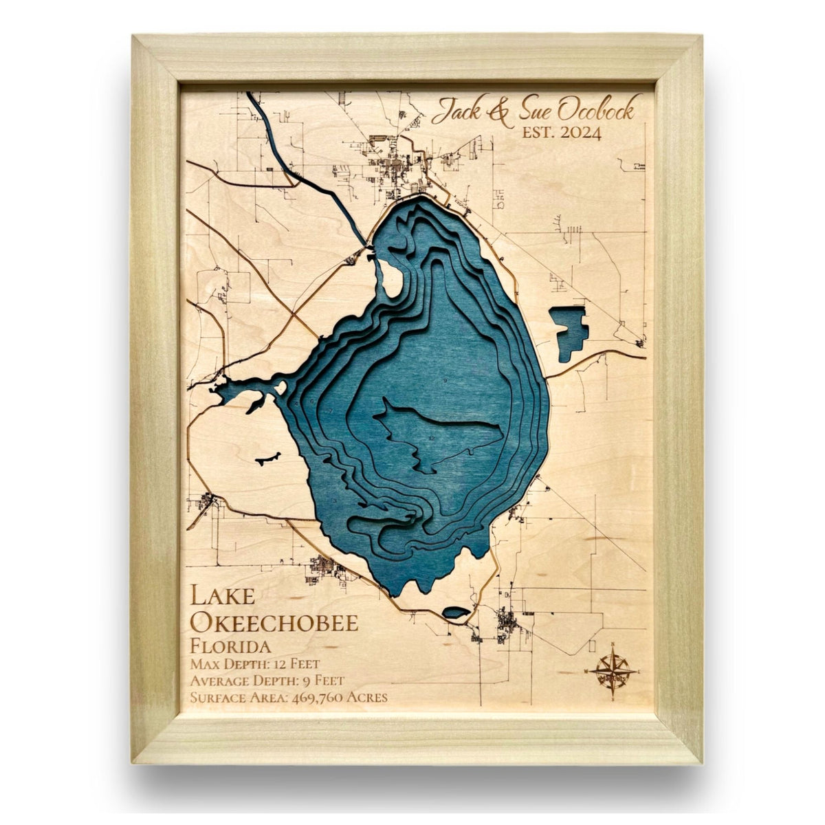 Lake Okeechobee multi water layer map with personalized text and a natural wood colored frame. 