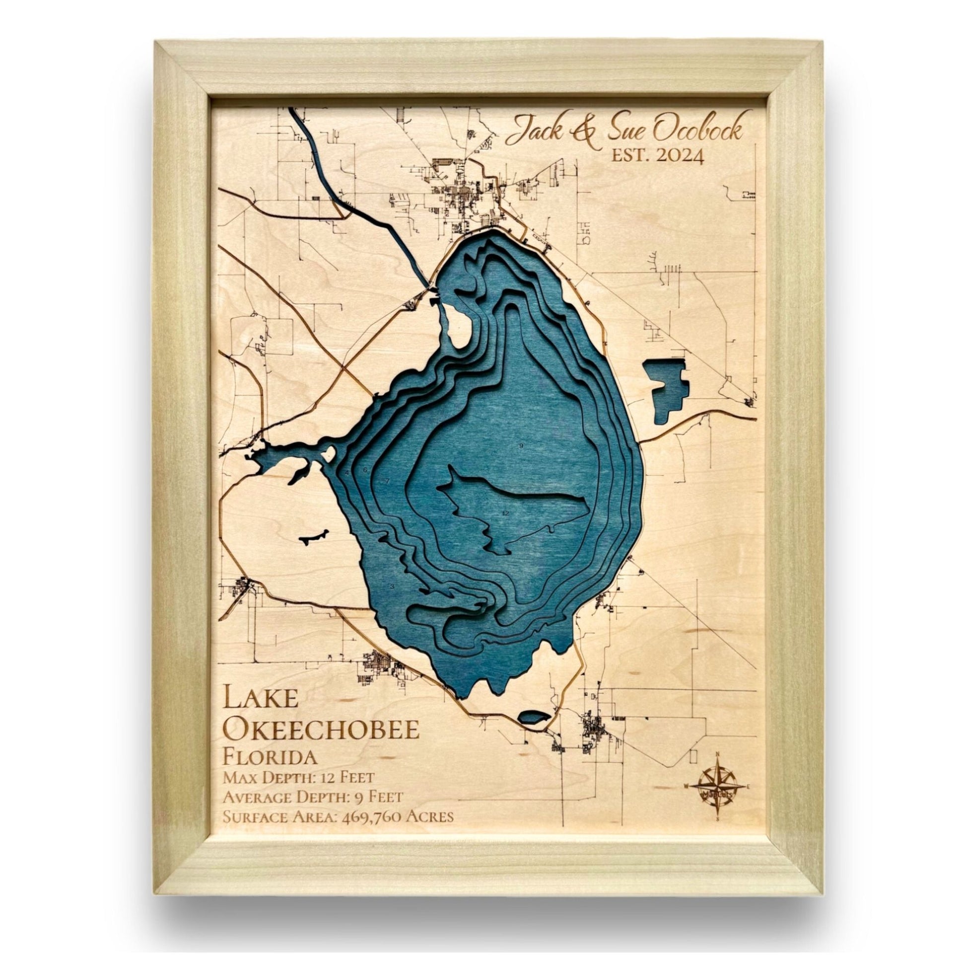Lake Okeechobee multi water layer map with personalized text and a natural wood colored frame. 