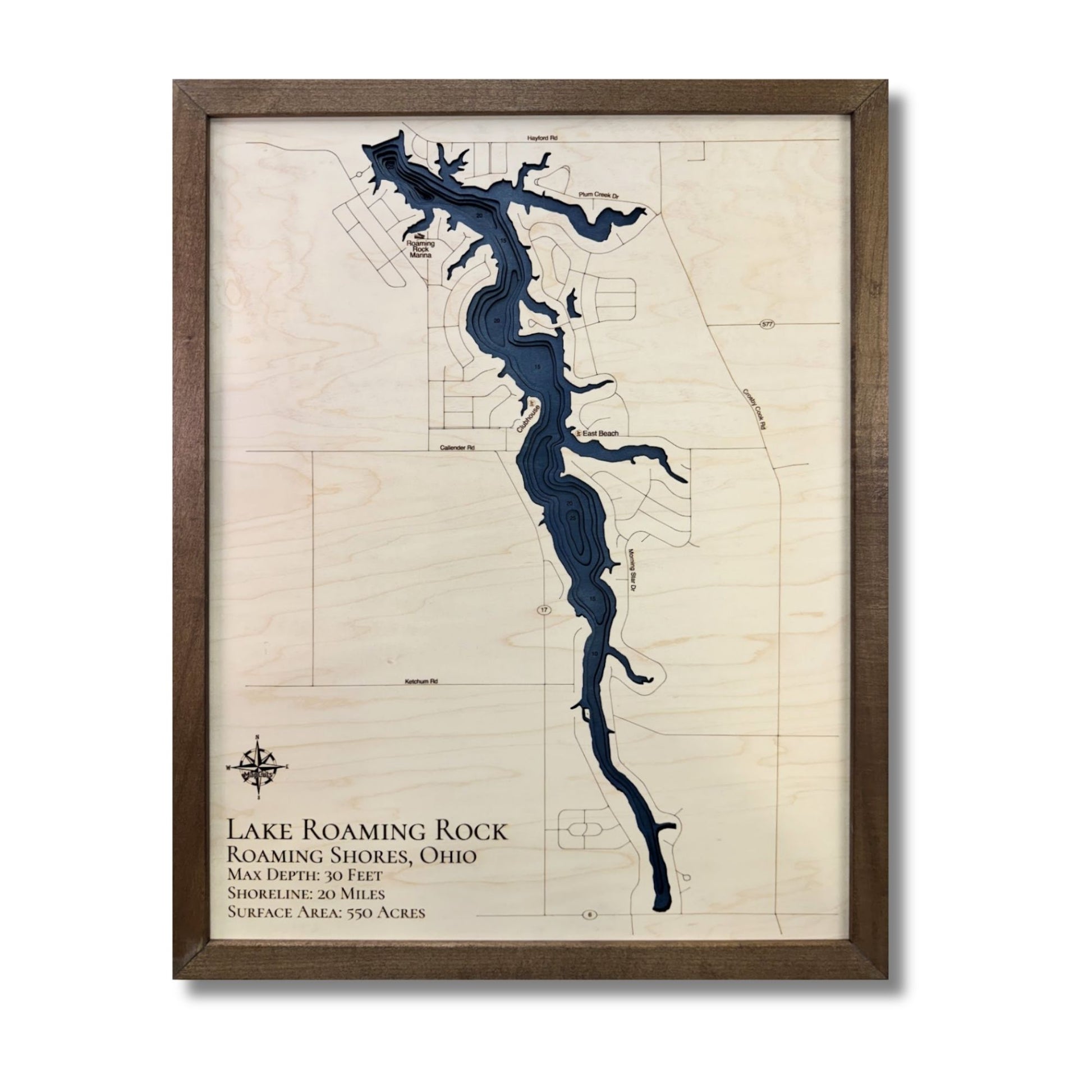 Lake Roaming Rock wooden map with dark water stain. 