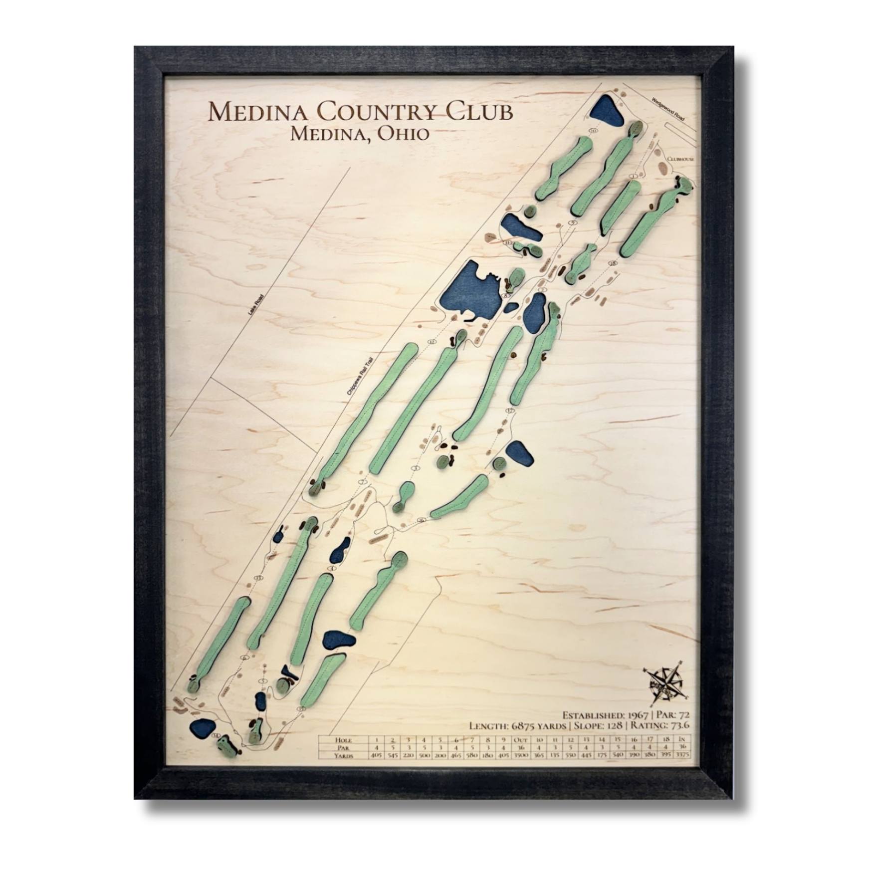 Wood map of Medina Country Club with blue and green stain and a black frame. 