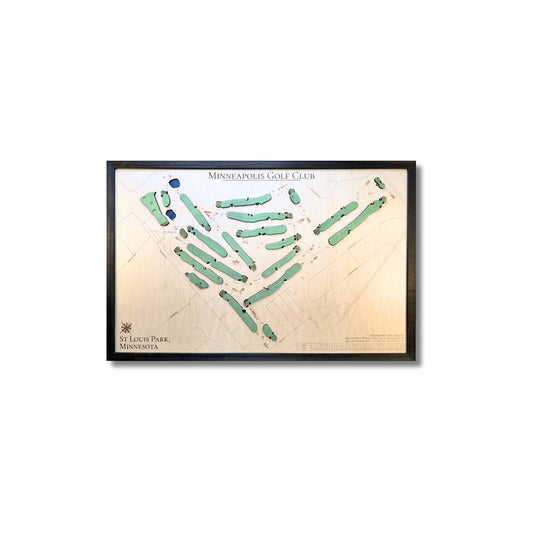 Framed wooden map of Minneapolis Golf Club on a white background.
