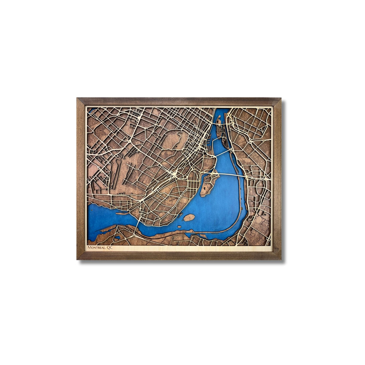 3D wooden map of Montreal, Canada on a white background. 