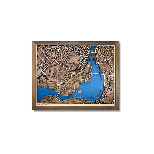3D wooden map of Montreal, Canada on a white background. 