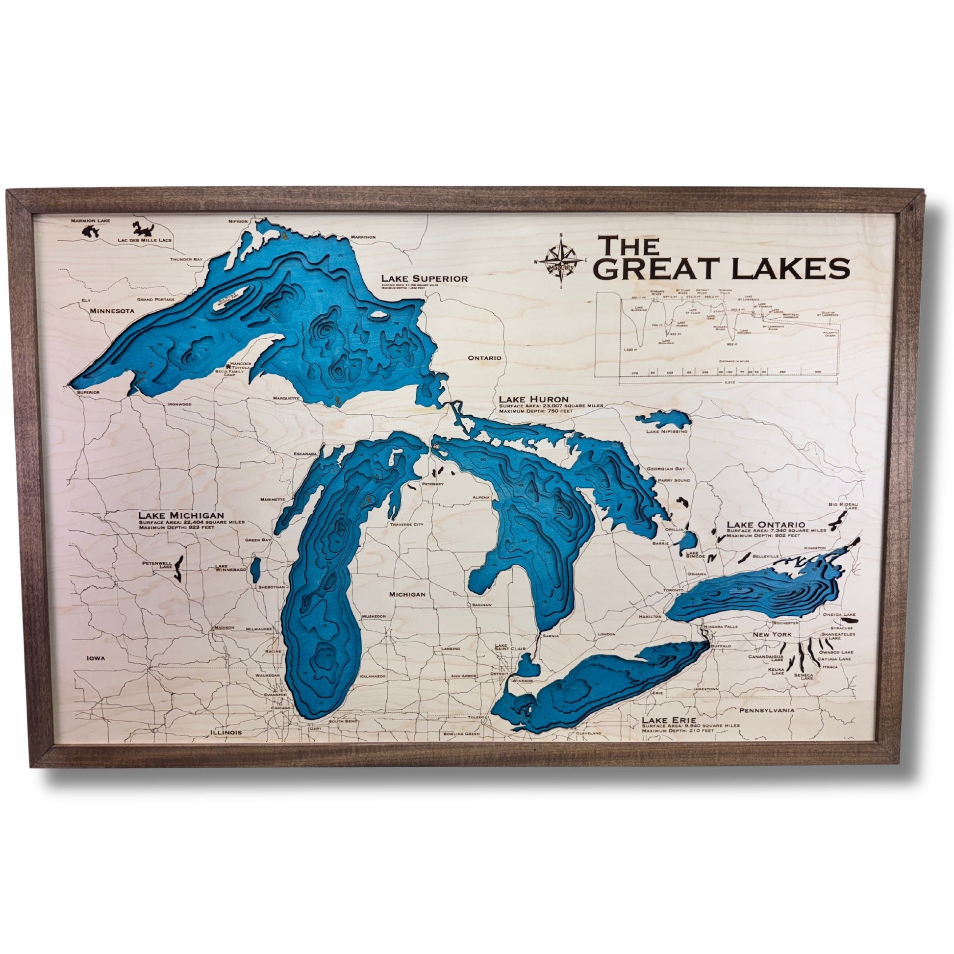 Large 3D wooden map of The Great Lakes.