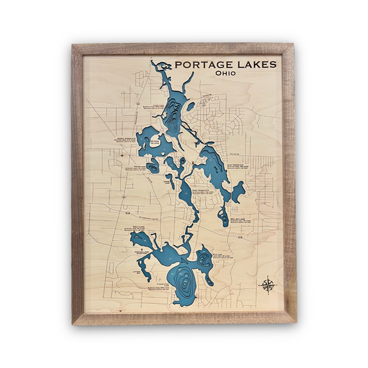 Multilayer wooden map of Portage Lakes in Ohio.
