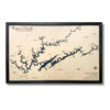 Custom Lake Norris map with dark blue water stain and a black frame on a white background. 