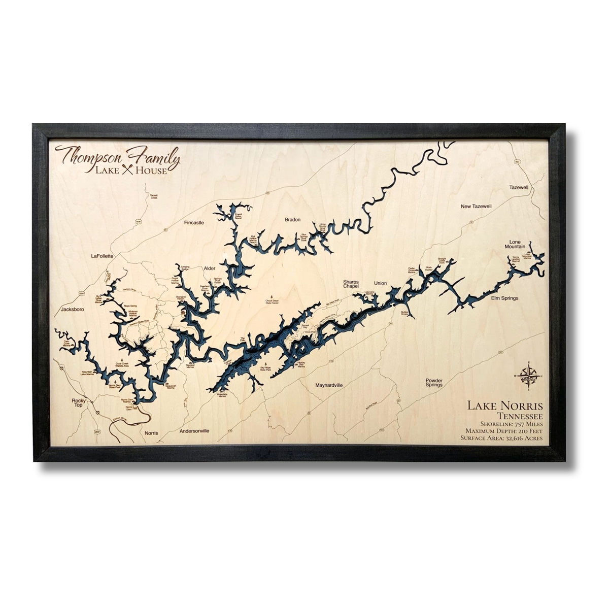 Custom Lake Norris map with dark blue water stain and a black frame on a white background. 