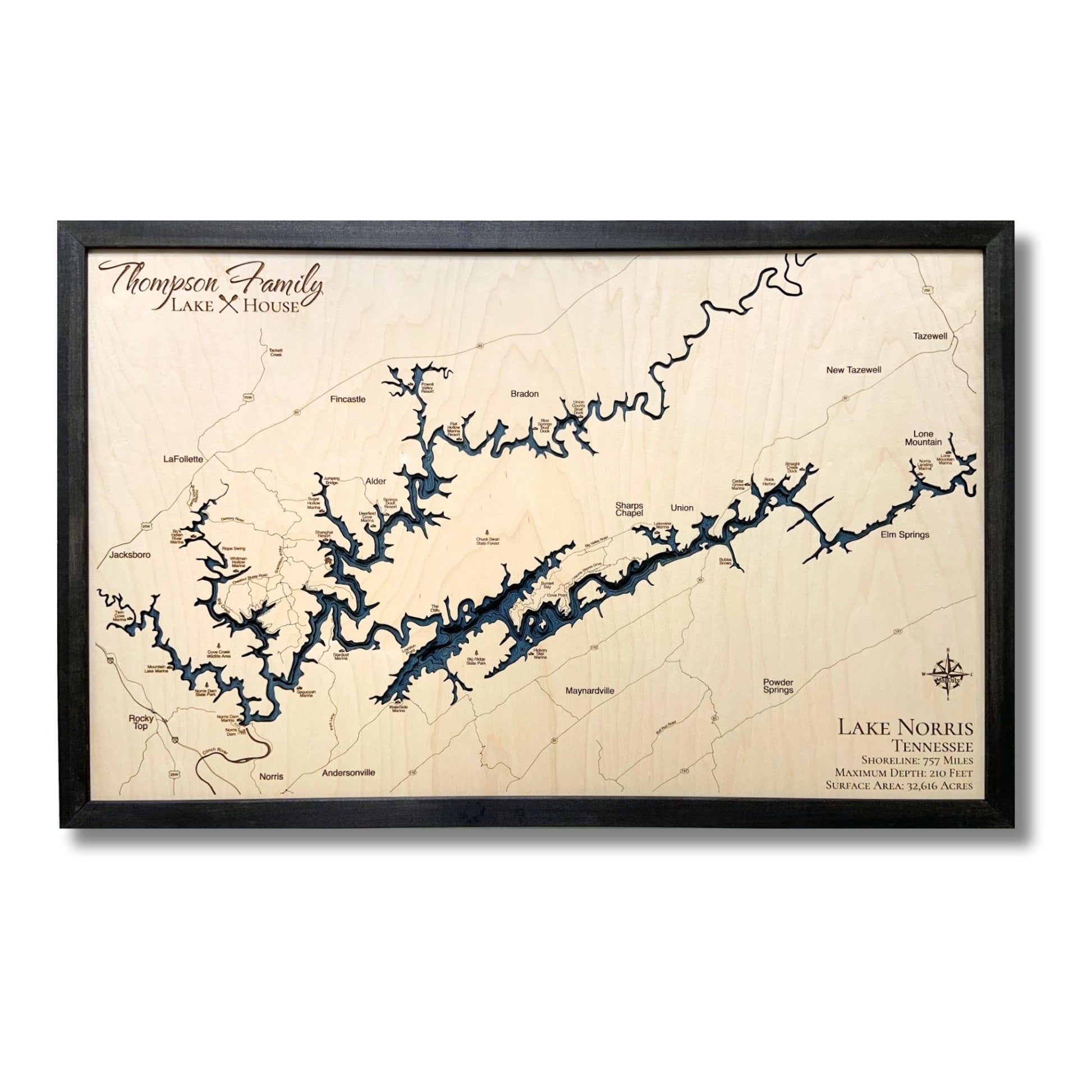 Custom Lake Norris map with dark blue water stain and a black frame on a white background. 
