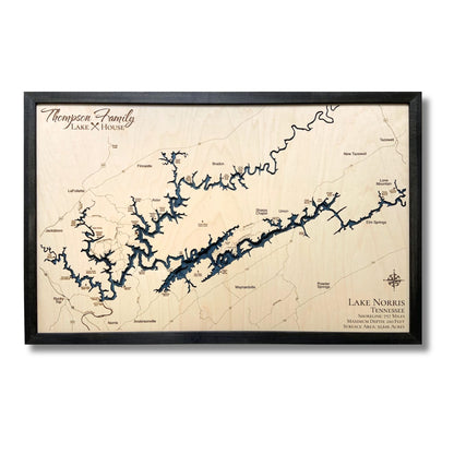 Custom Lake Norris map with dark blue water stain and a black frame on a white background. 