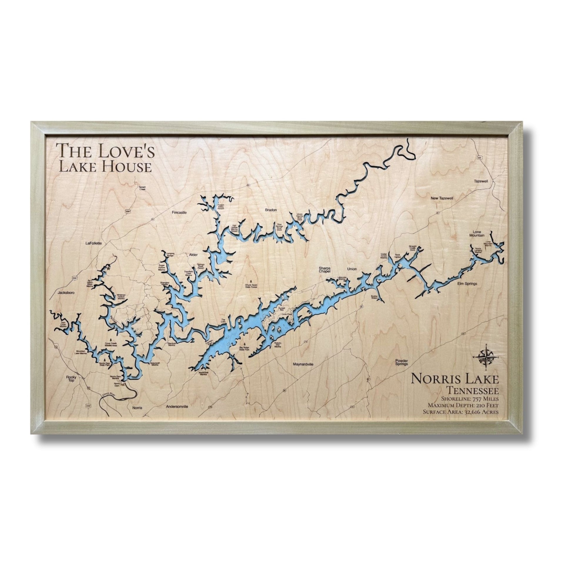 Single water layer map of Norris Lake with light blue water stain and a natural colored frame. 
