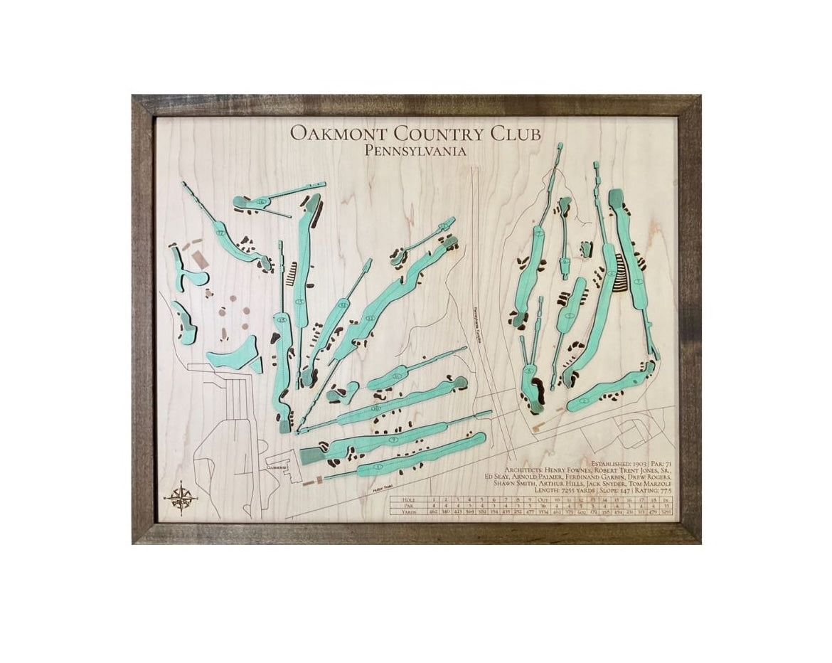 Wooden golf course map of Oakmont Country Club in Pennsylvania.
