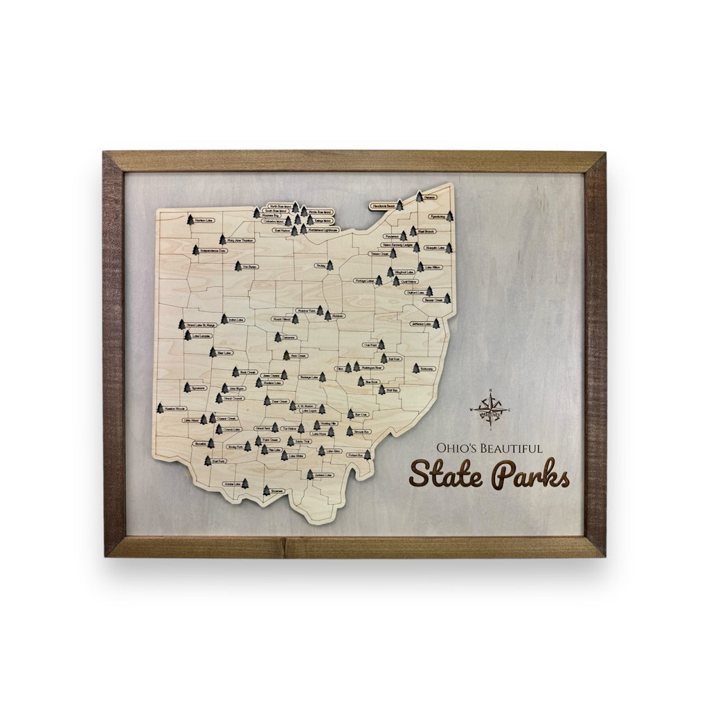 Ohio State Park Travel Map with 76 tree icons. 
