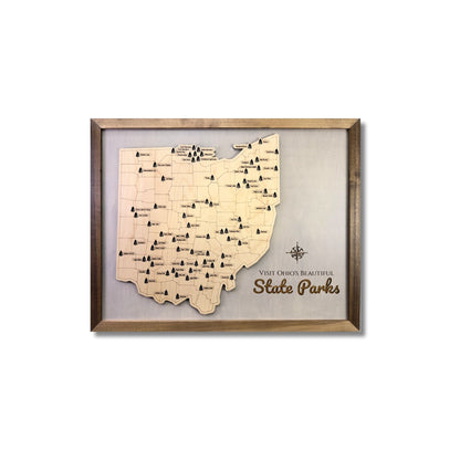 Ohio State Park Travel Map with 76 tree icons. 
