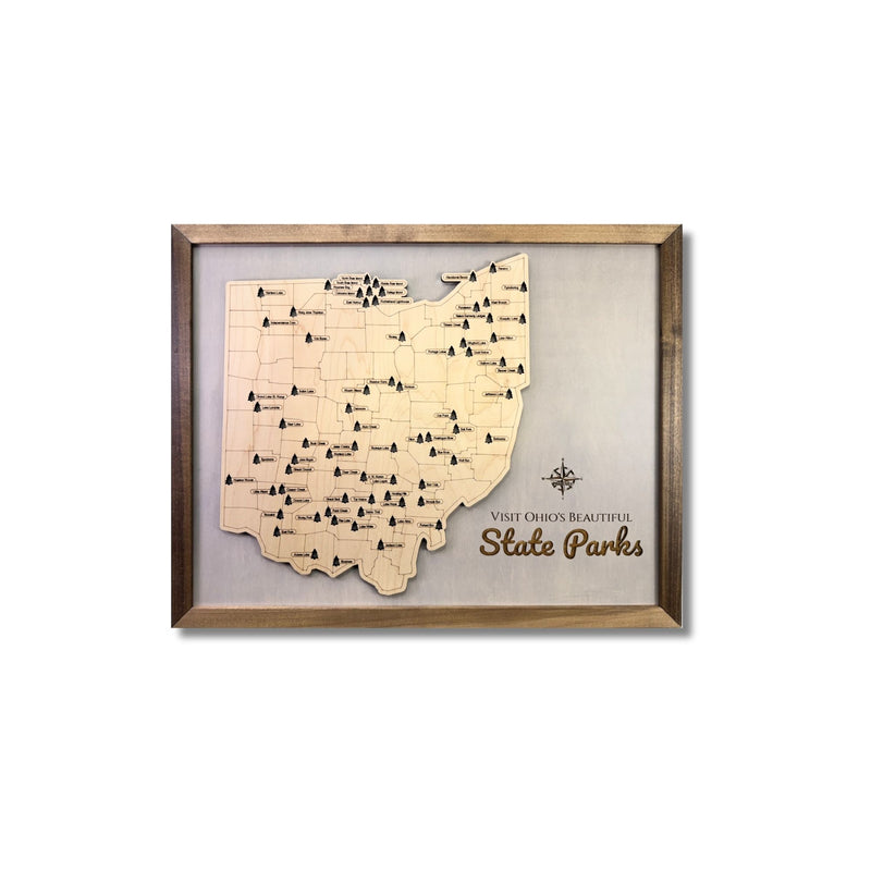 Ohio State Park Travel Map with 76 tree icons. 

