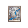 Wooden map of Philadelphia, PA, with raised roads and blue water stain.