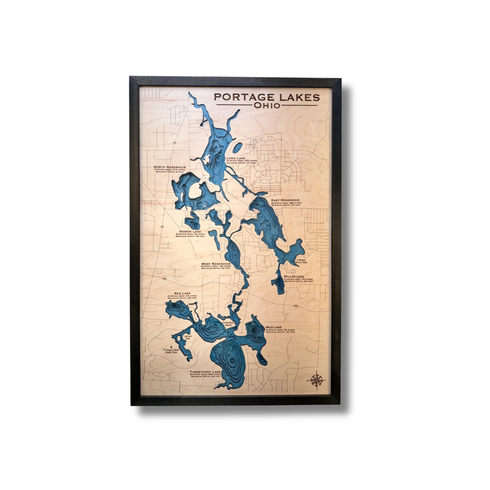 3D wooden map of Portage Lakes in Ohio.