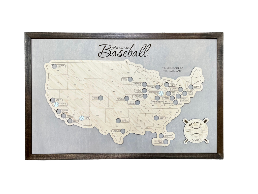 MapCuts Professional Baseball Stadium Travel Map with 30 detachable baseball icons. 